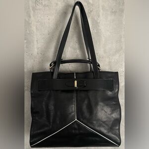 Pour La Victoire Large Black Leather White Striped Women's Handbag Tote/Sachel